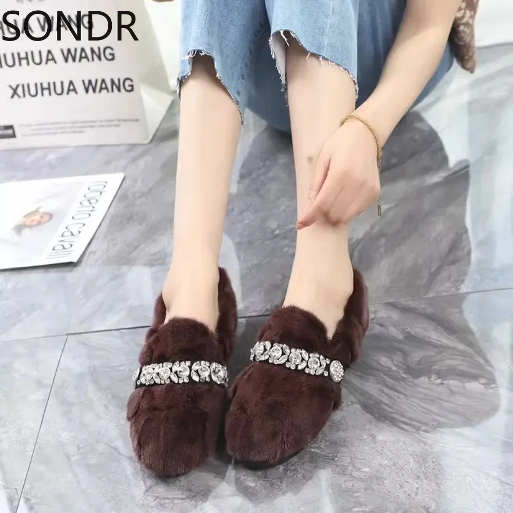 Womens Real Mink Fur Loafers Rhinestones Crystal Furry Rainbow Colors Flats Shoes Round Toe Flats 8Colors  New 2024