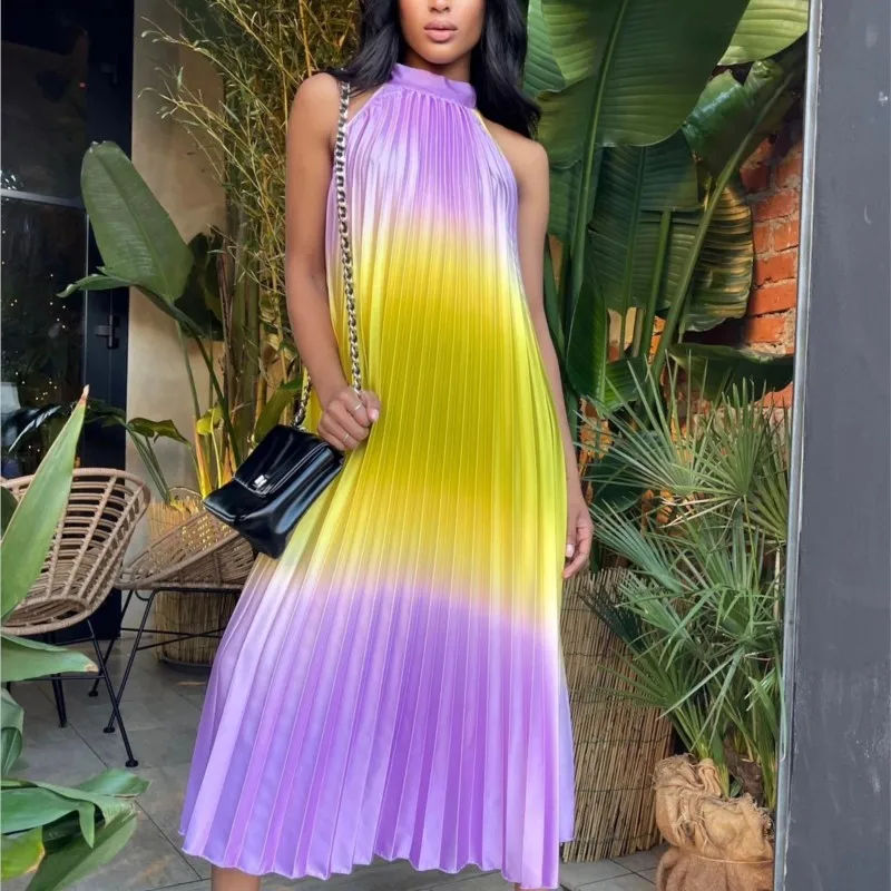 

Fashion Gradient Color Pleated Dress Women Summer Sexy Sleeveless Beach Boho Long Dresses Elegant Halter Party Dress Robe Femme