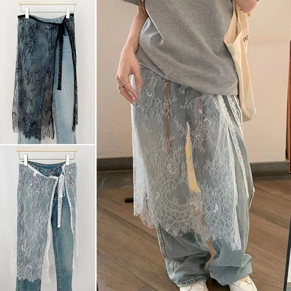 

High Waist Lace Midi Skirt Embroidered Flower Irregular Side Slit Lace Drawstring Skirt Y2K Streetwear See Through