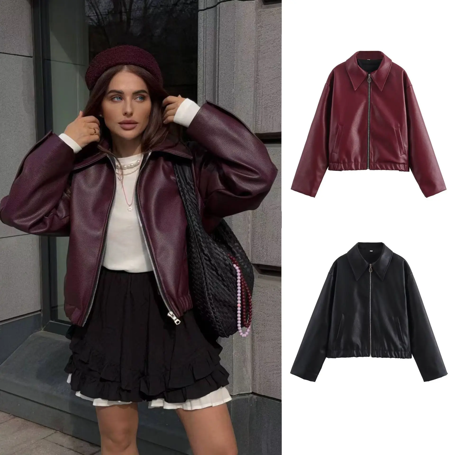 

Women's Pure Color Leather Jacket Autumn New American Style PU Leather Outerwear for Ladies Fashionable And Stylish