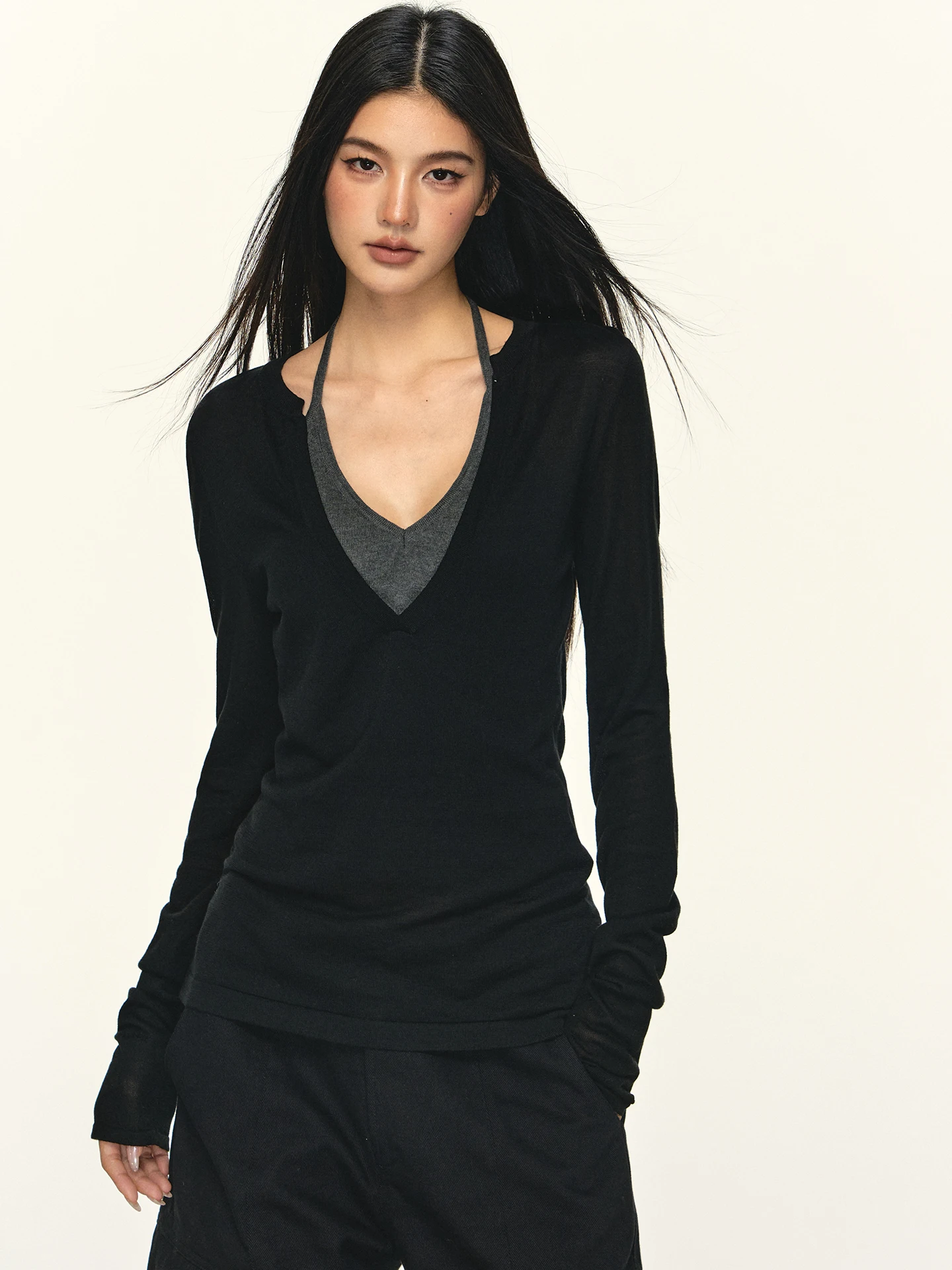 

Женская осенне-зимняя майка Anna Aneae00 Days Silk V-Ne Color Blo, сексуальная, облегающая, с длинным рукавом, с круглым вырезом