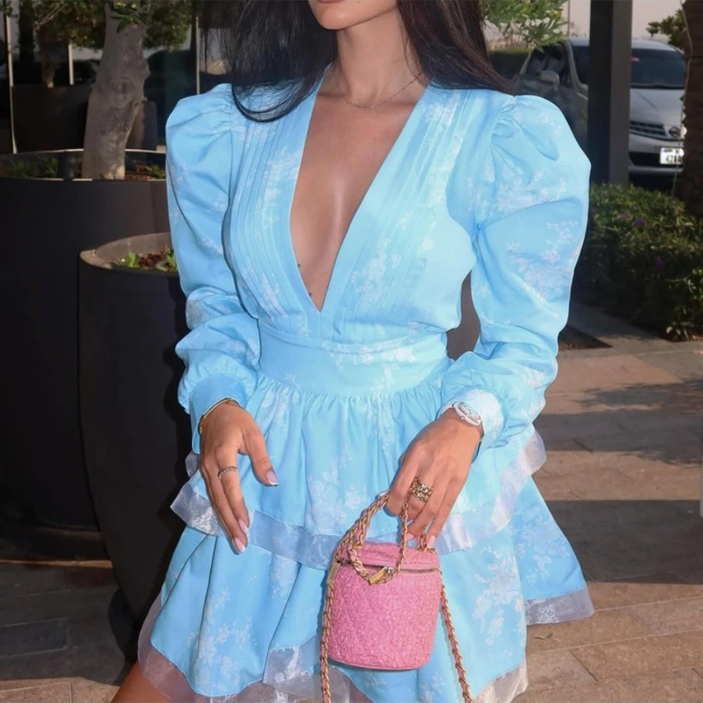 Twotwinstyle moda em camadas vestidos curtos para mulheres decote em v profundo manga longa túnica temperamento impresso uma linha vestido feminino