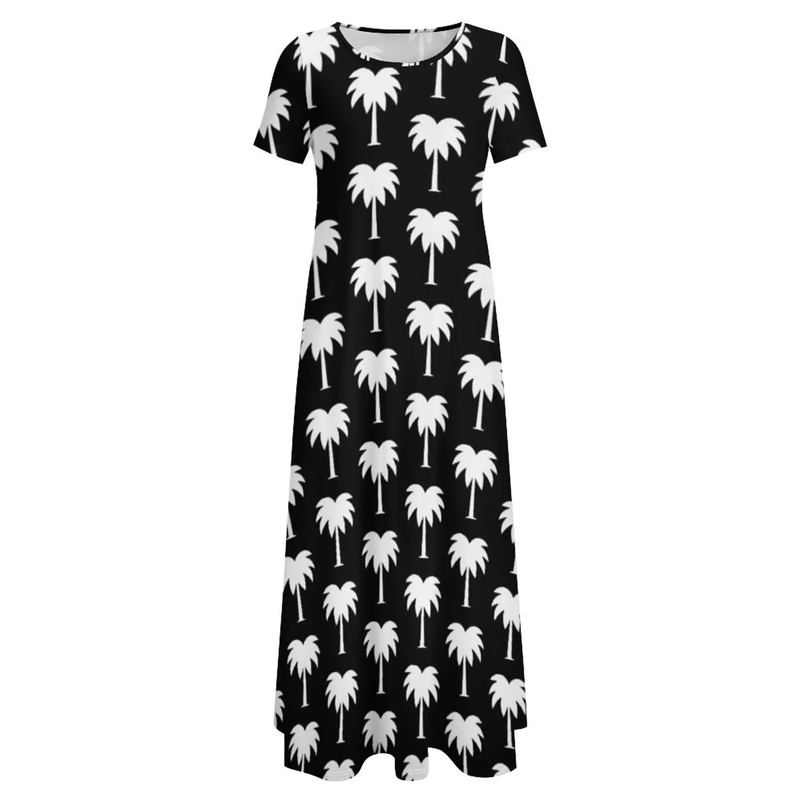 Tropical Palm Tree Dress Black and White Maxi Dress Short Sleeve Fashion Boho Beach Long Dresses Women Printed Oversized Vestido