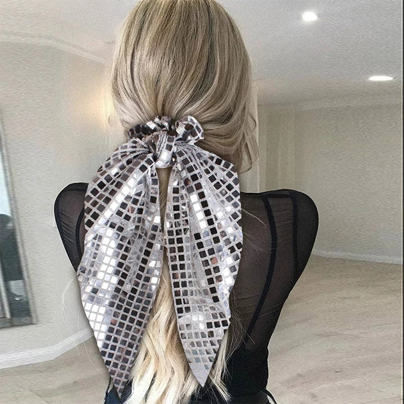 

Sequined Large Intestine Hair Band Women's Ponytail Hair Rope High-end Bow Streamer Hair Accessories Party Headpiece Hairtie