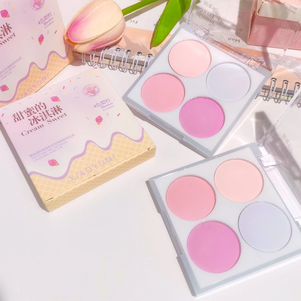 لوحة أحمر الخدود مكونة من 4 ألوان - تركيبة بودرة الآيس كريم وإسفنجة مختلطة، مستحضرات تجميل مريحة للمكياج اليومي وتصفيف مكياج بسيط