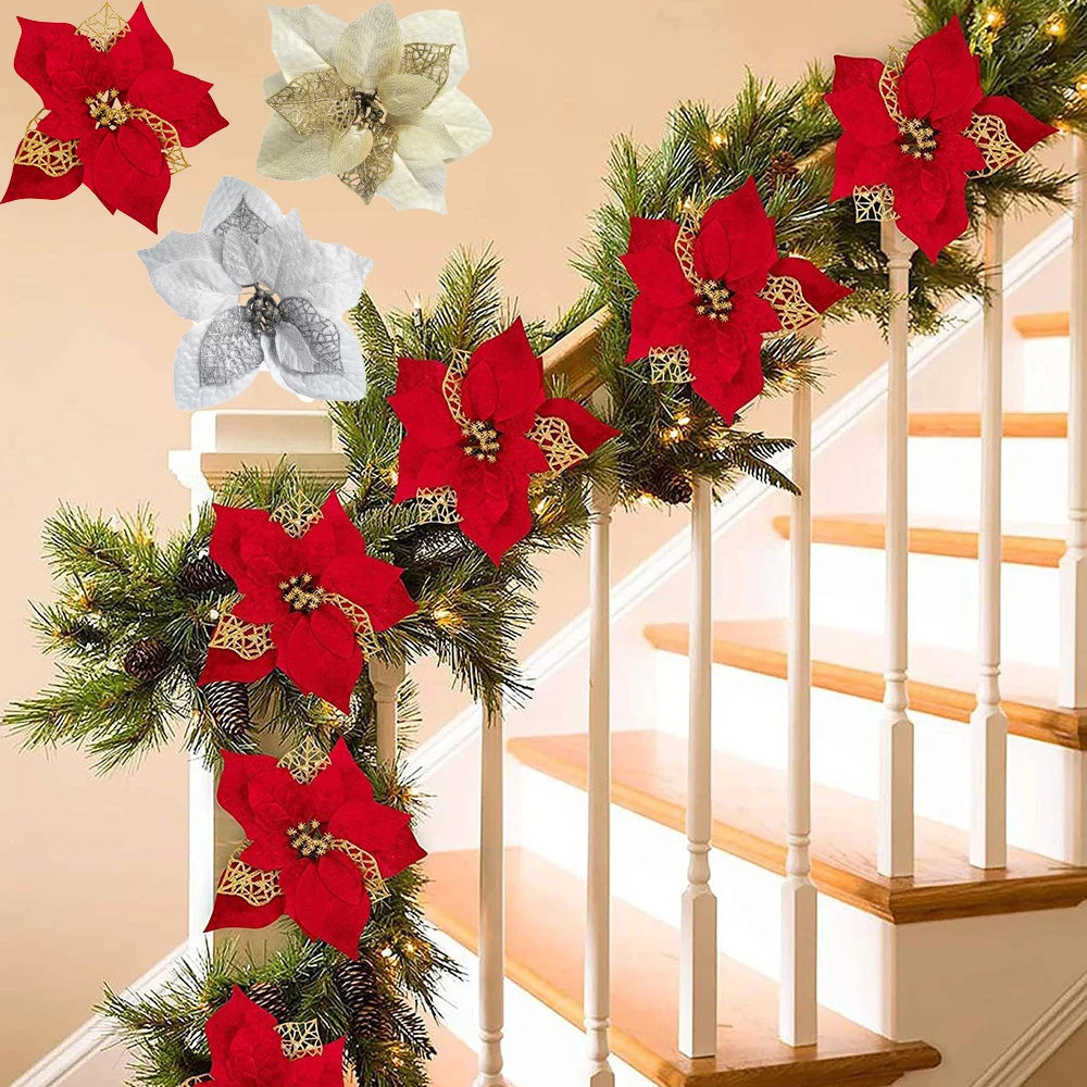 5 Stück künstliche Weihnachtsblumen, glitzernde Weihnachtsstern-Blumen, dekorativer Baumkranz, Weihnachtsstern, Urlaubsdekoration (mit Clips)