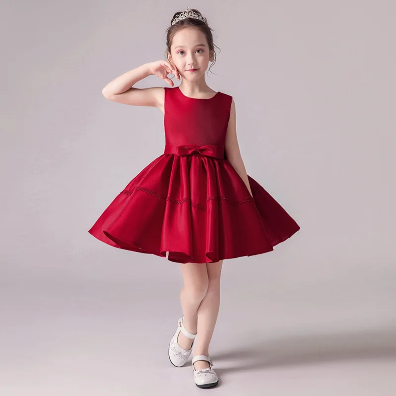 Children\'s dress 2024 spring new red pongee skirt small host piano dress girl princess dress