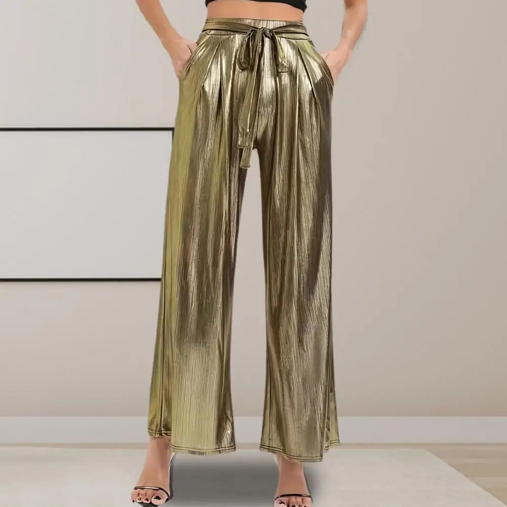 

Women Wide-leg Pants Glossy Surface Pants Stylish Women's Wide Leg Pants with High Waist Elastic Lace-up Detail Pockets for A