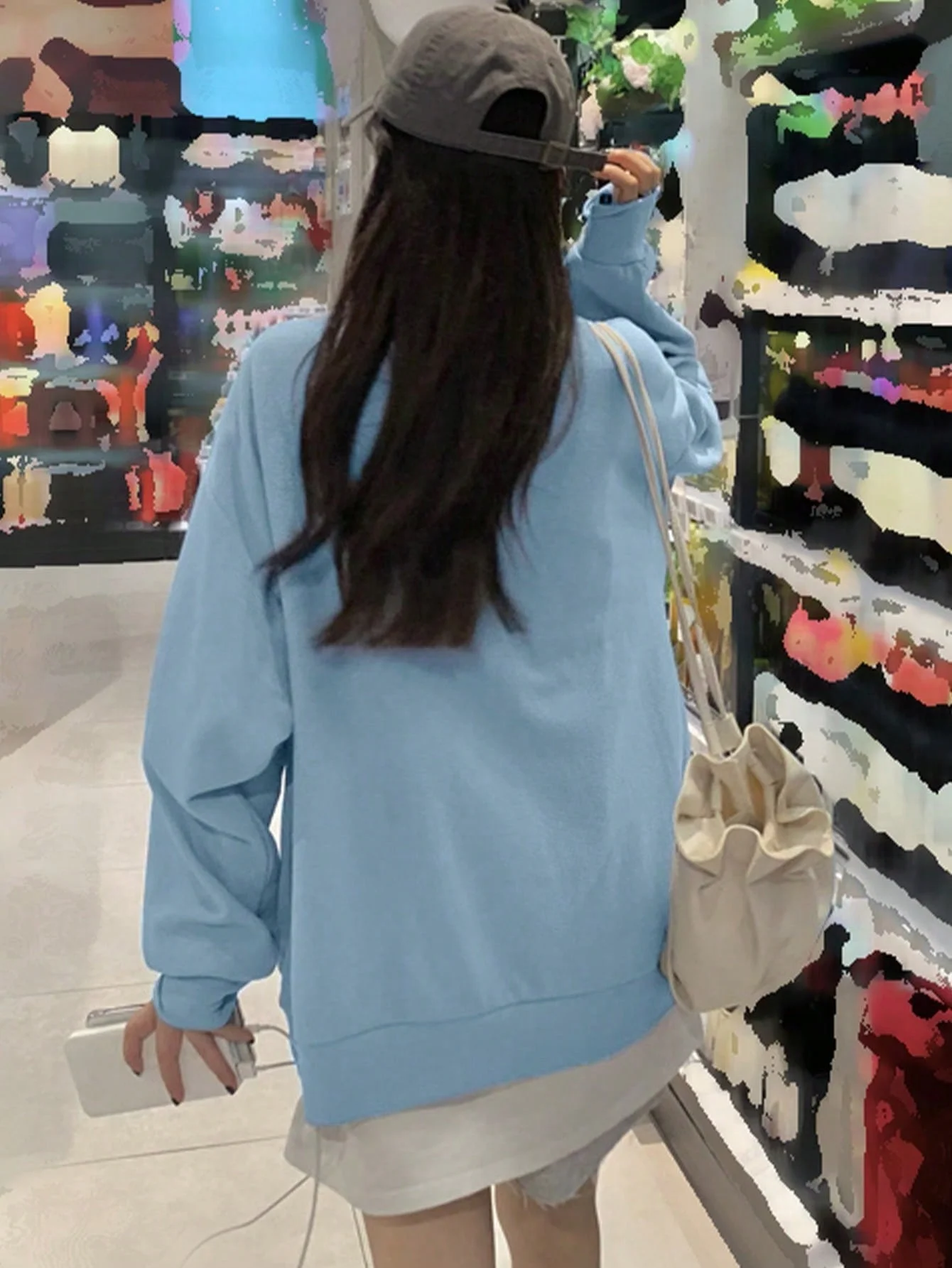 Korean Chic Early Autumn Milk Fufu Waffle Round Neck Long-Sleeved Sweatshirt Small Loose Flesh-Covering Blue Top for Women