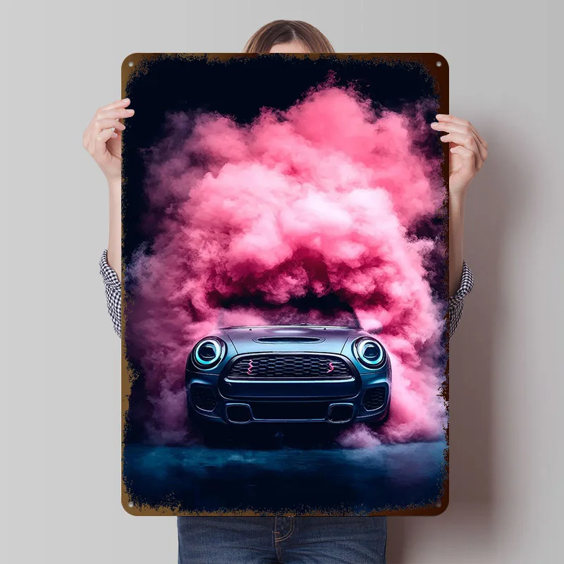Mini Cooper in Pink Smoke Poster Customized Wall Art Vintage Metal Signs Retro Tin Plaque for Man Cave Gaming Decoration Room
