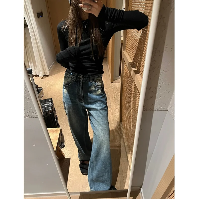 

Blue Womens Jeans High Waist Vintage Straight Baggy Denim Pants Streetwear Casual Style Korean Fashion Wide Leg Denim Trouser