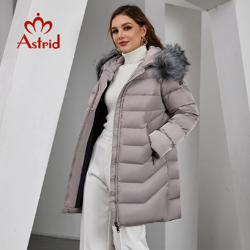 Astrid Women\'s Winter Parka Coats with Natural Fur Collar Hooded Belt Long Quilted Jackets Thick Warm Female Padded Overcoat