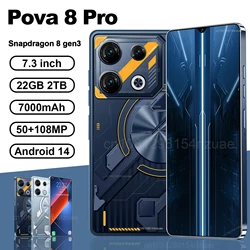 TEENO-Smartphone Pova 8 Pro, téléphone portable, 5G, 7.3 pouces, HD, 22 Go + 2 To, touristes, EpiMorning Mobile, 50 + 108MP, 7000mAh, Android 14, NDavid, original