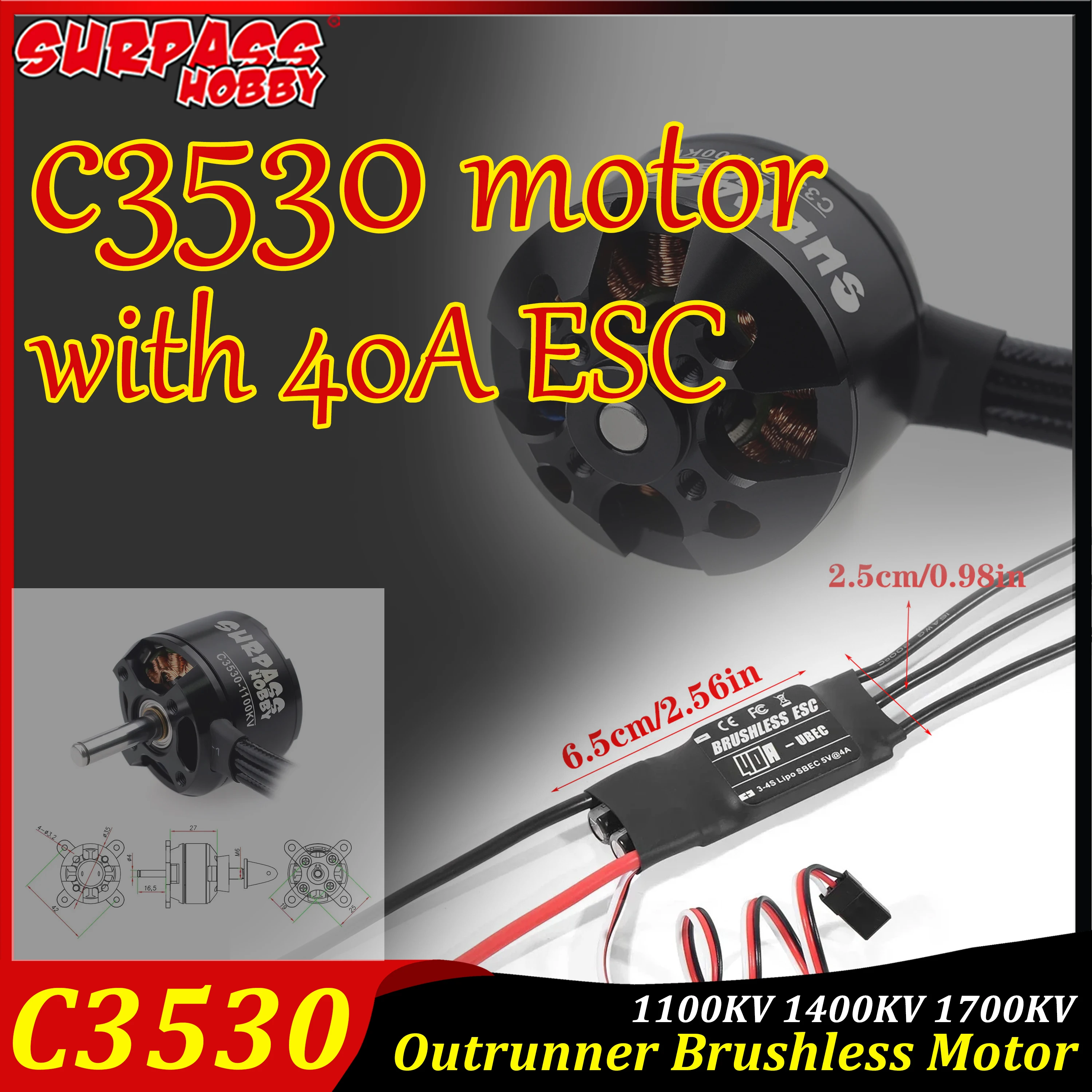 

SURPASS HOBBY 3530 1100KV 1400KV 1700KV Outrunner Brushless Motor with 40A ESC for RC Fixed-Wing Airplane Multicopter FPV Drone