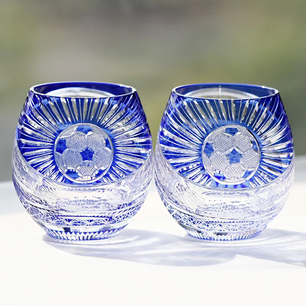 Blue 300ml Hand Cut Edo Kiriko Whiskey Tumbler for Bourbon Scotch Old Fashioned Cocktails Ideal Gift for Whiskey Lovers And Foot