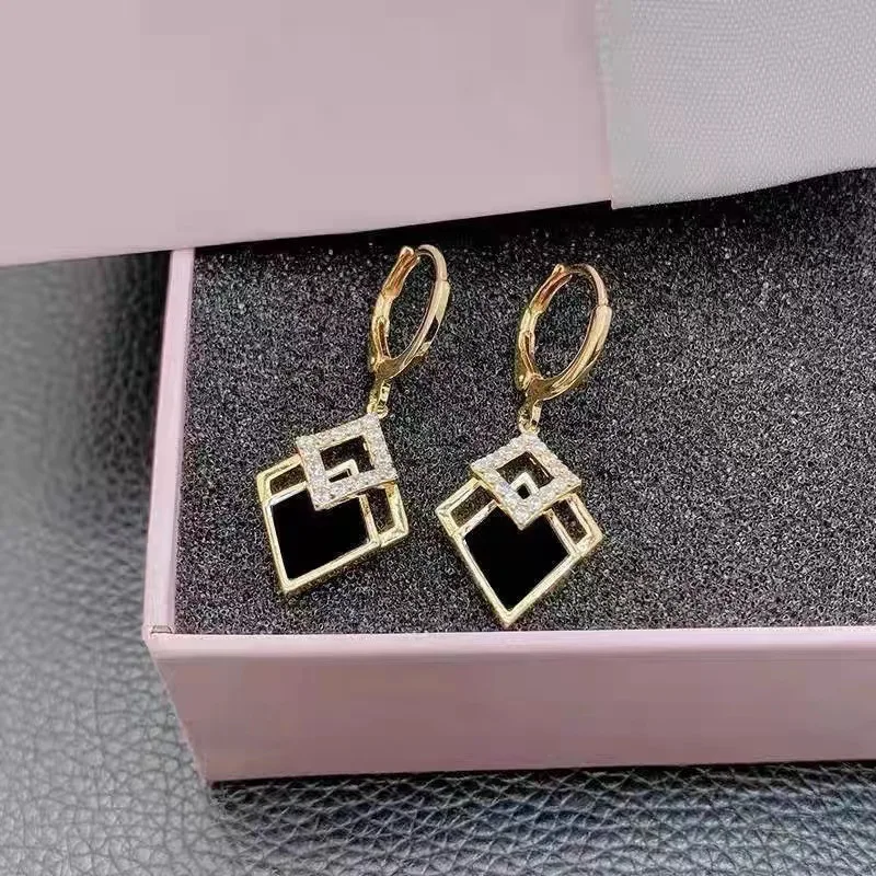 Hollow Out Metal Rhombus Dangle Earrings for Women Crystal Black Enamel Oil Golden Color Geometry Drop Earrings Hoop Jewelry