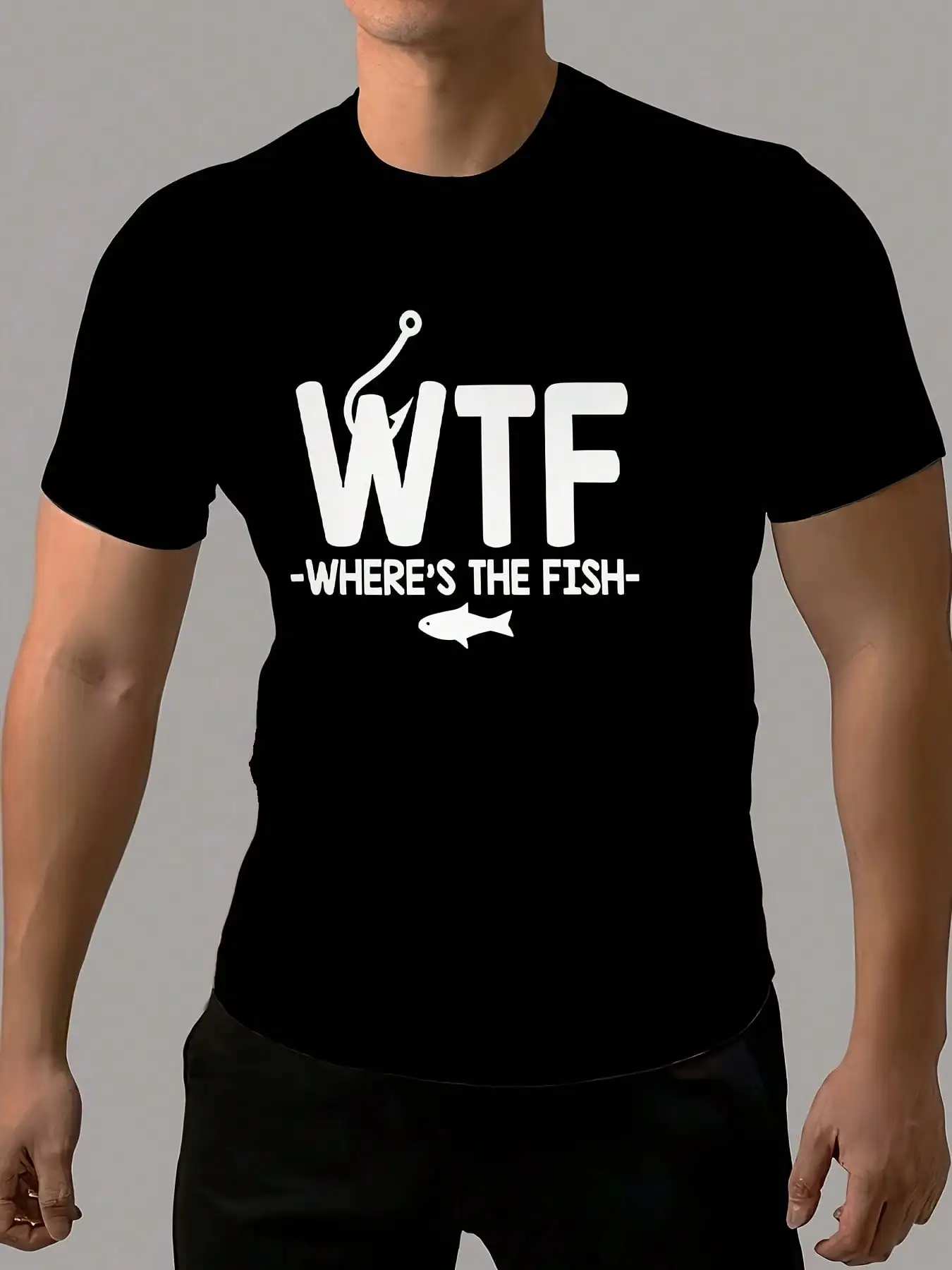 WTF Where'S The Fish Print T-Shirt คอกลมลําลอง เสื้อยืดโพลีเอสเตอร์ยืดเล็กน้อย All-