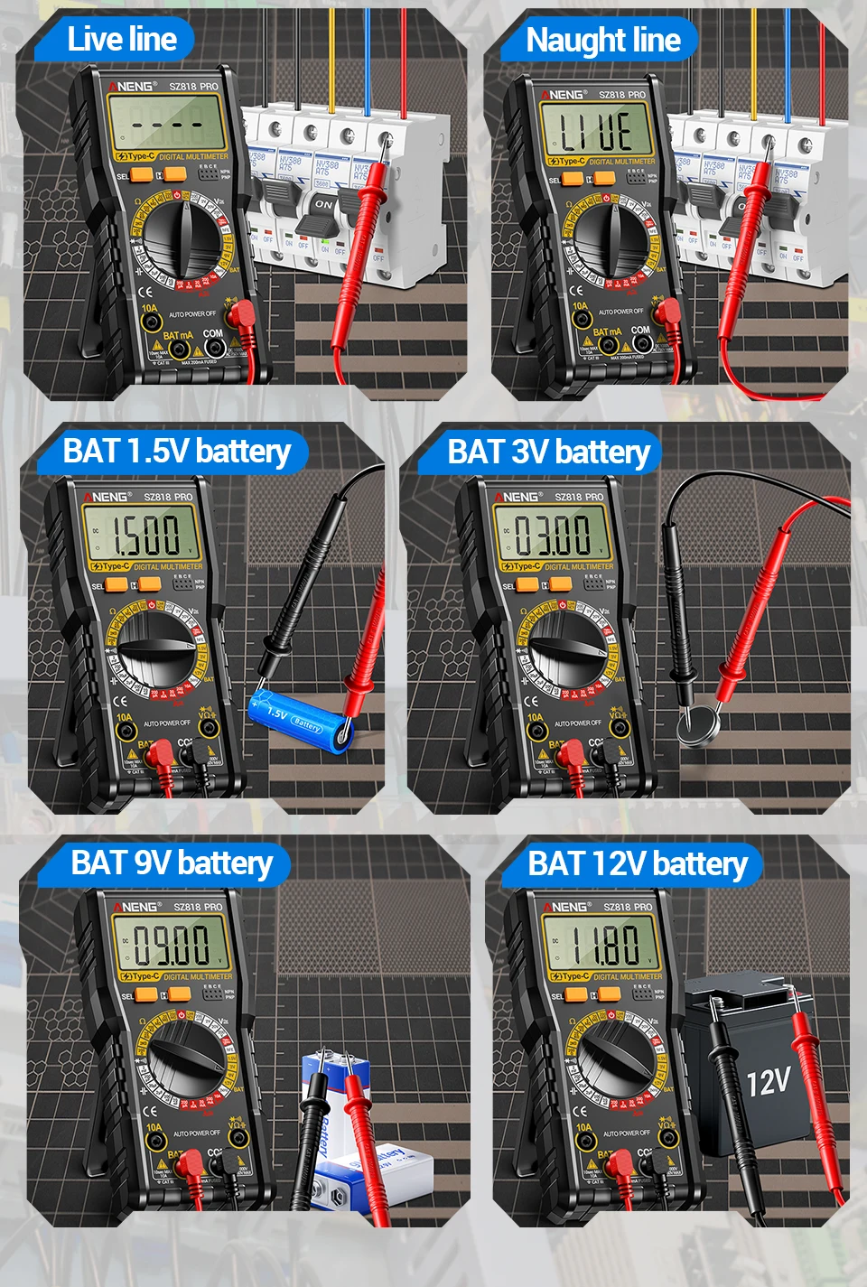 ANENG Digital Multimeters Rechargeable SZ818 Professional AC/DC Voltage NCV Ammeter Voltmeter HFE Triode Capacitor Test Tools