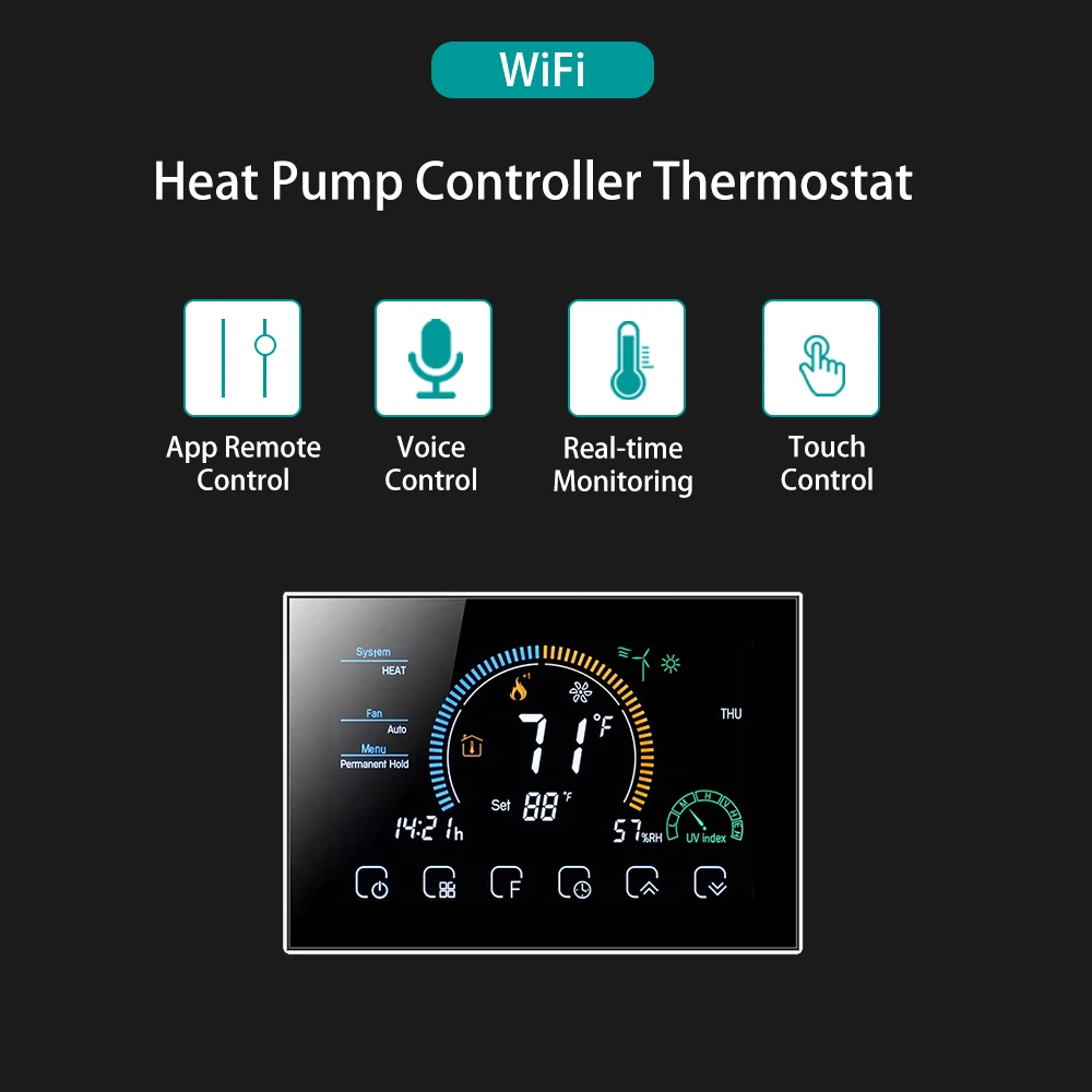 Wifi 3H2C Heat Pump Controller System Thermostat Touch Digital Programming Air Conditioning Smart Life Tuya Alexa Google Home