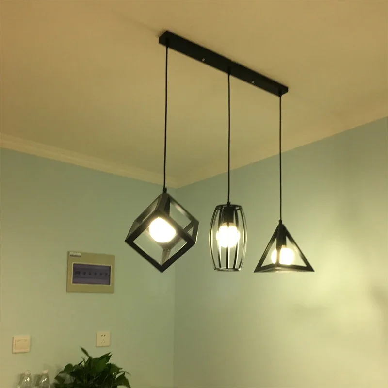 Retro Industrial Black Pendant Lamp Geometric Modeling Iron Lampshade Restaurant Hanging Lamp Creative Corridor Light Fixture