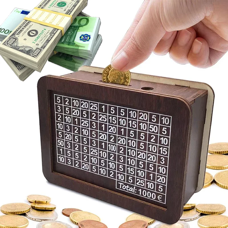 Money Box Wooden Piggy Bank Reusable Assembled Cash Boxes Money Container for Cash Saving Treasure Coin Case with Savings Goals