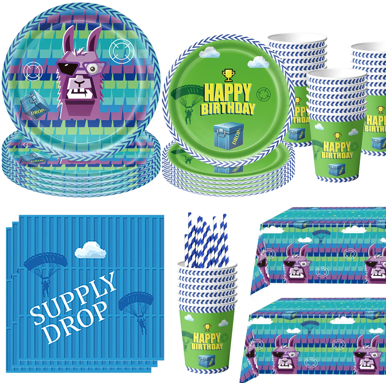 Shooting Game Fortnition Birthday Party Decoration Alpaca Tablecloth Cup Plate Napkin Baby Shower Number Party Favors Supplies