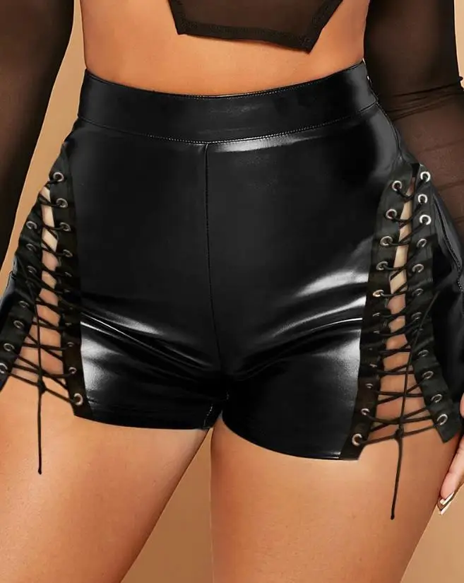 Y2K Women's Shorts PU Summer New Fashion Sexy Babes Side Eyelet Lace Up Pu Leather Shorts Party Bar Mini Leather Pants