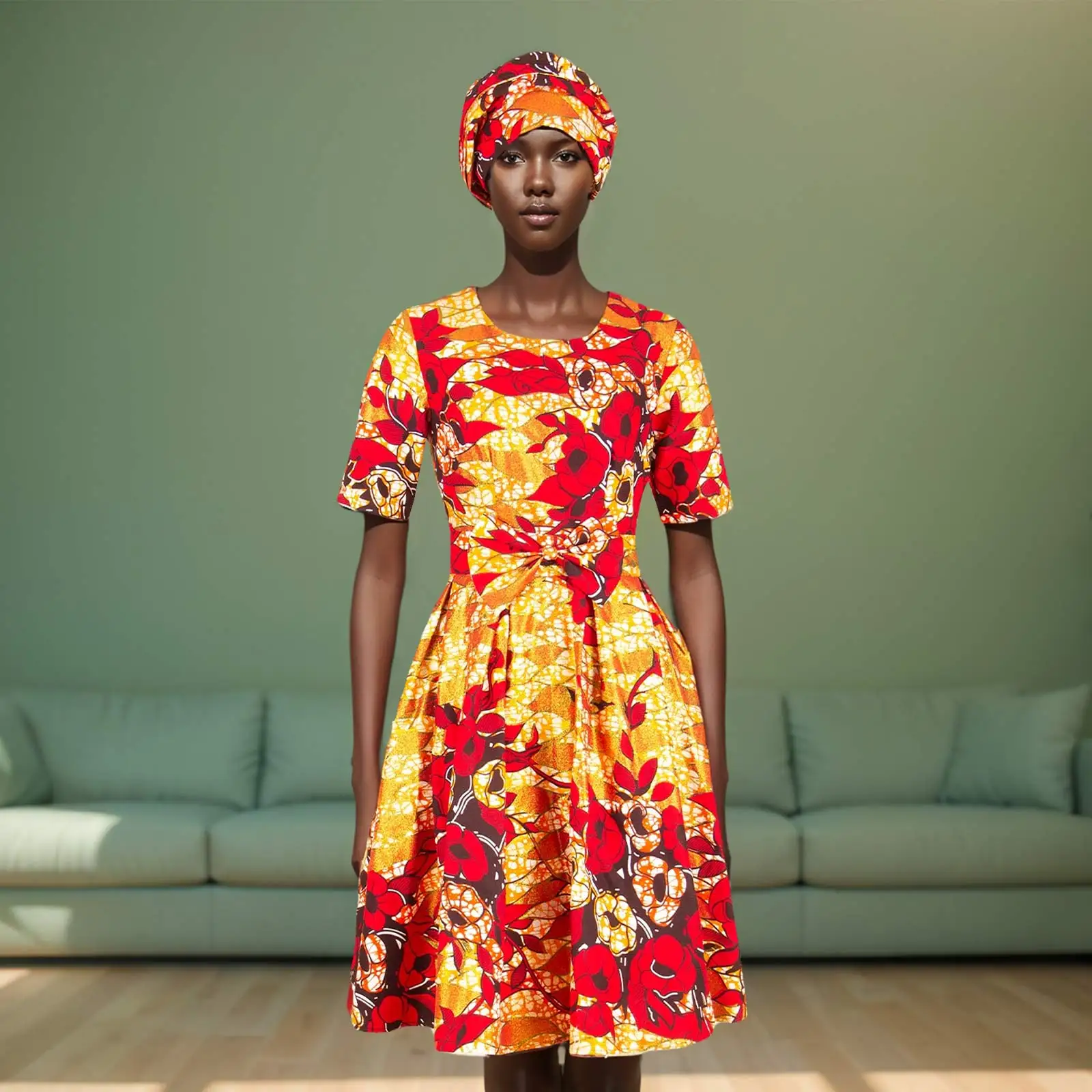 African Women Dress with Headscarf O-neck High Waist Bowknot Dress for Wedding Party African Traditional Style 2425103