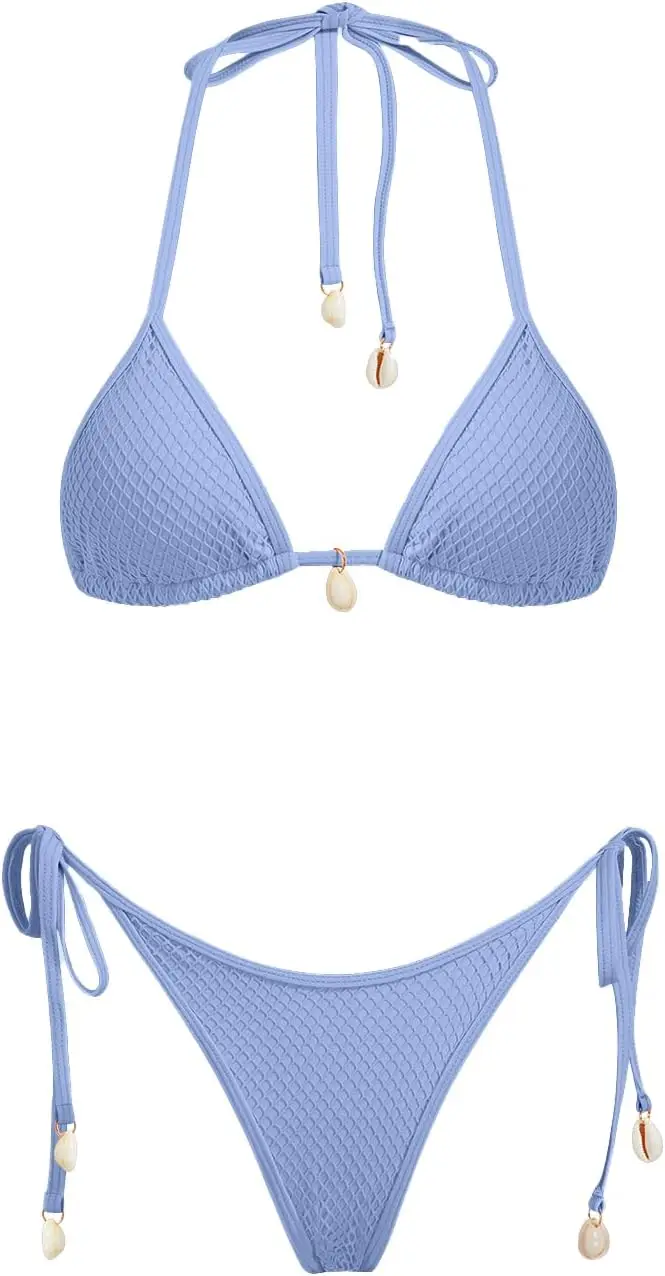 

Women's Triangle Bikini Set Multiway Fishnet Tie Side Halter String Solid Cheeky Two Piece Swimsuit Bathing Suit
