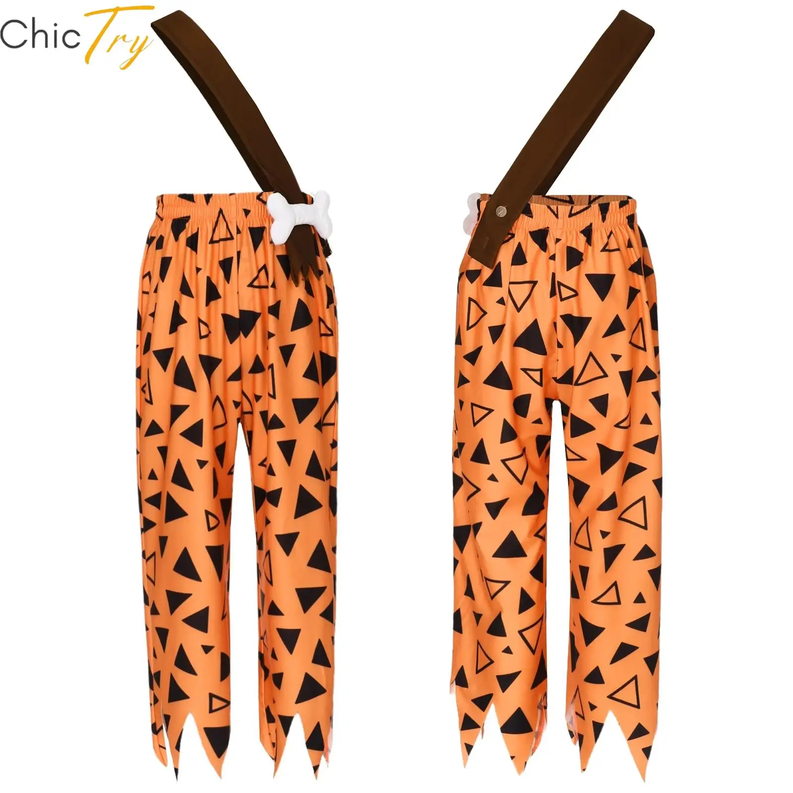 

Childrens Caveman Costume Halloween Historical Stone Age Cosplay Pants Boys Elastic Waist 3D Bone Decoration Jagged Hem Trousers