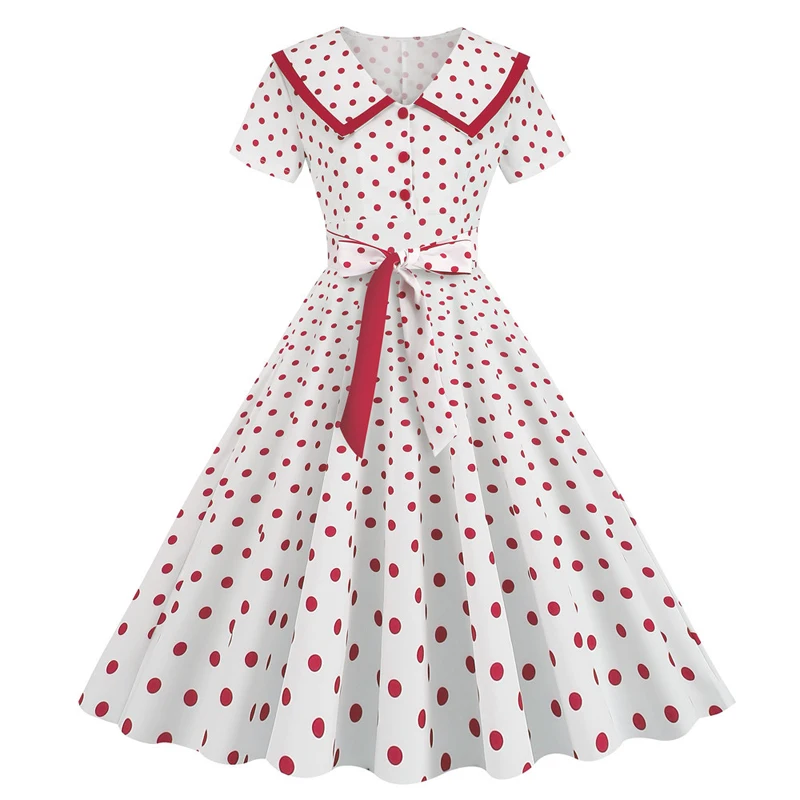 

Summer New in 2023 Fashion Short sleeve Sailor collar Polka Dot Printed Vintage retro 50s60s skater casual party A Line dress