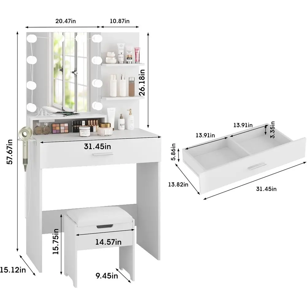 مكتب زينة مكياج مضيء مع أدراج، سطوع قابل للتعديل، أبيض، وكرسي تخزين #6