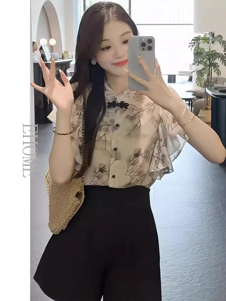 

Новый комплект в китайском стиле: шелковая рубашка с цветочным принтом и шорты с высокой талией для женщин. Летний, уникальный, красивый, дышащий, легкий.