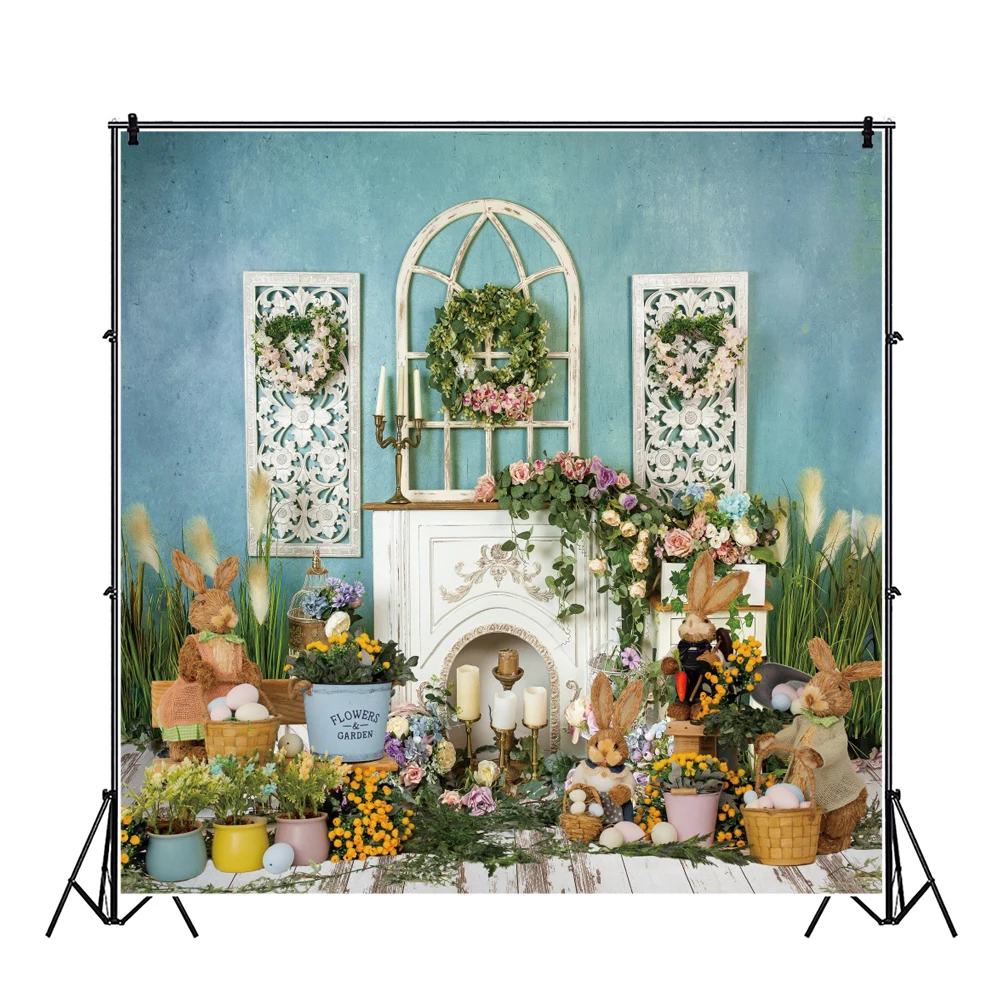 Spring Easter Photography Backdrop Flower Grass Egg Rabbit Wood Floor Child Birthday Portrait Photocall Background Photo Studio