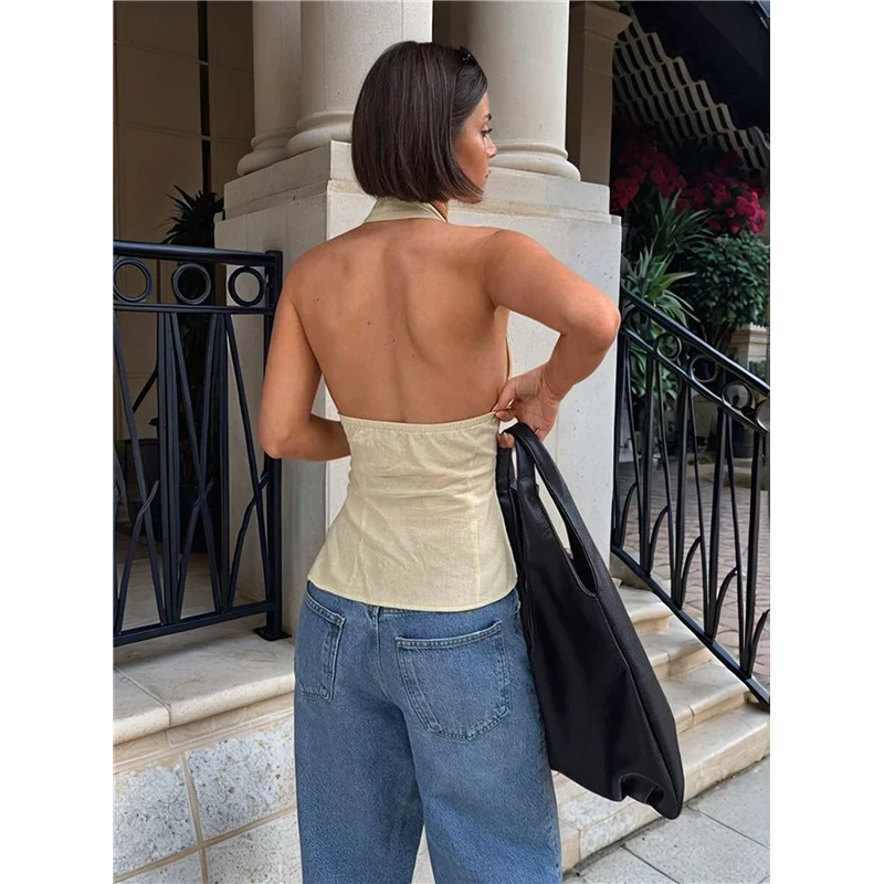 FX – Blusa feminina de verão com frente única, sem mangas, corte com laço e costas nuas