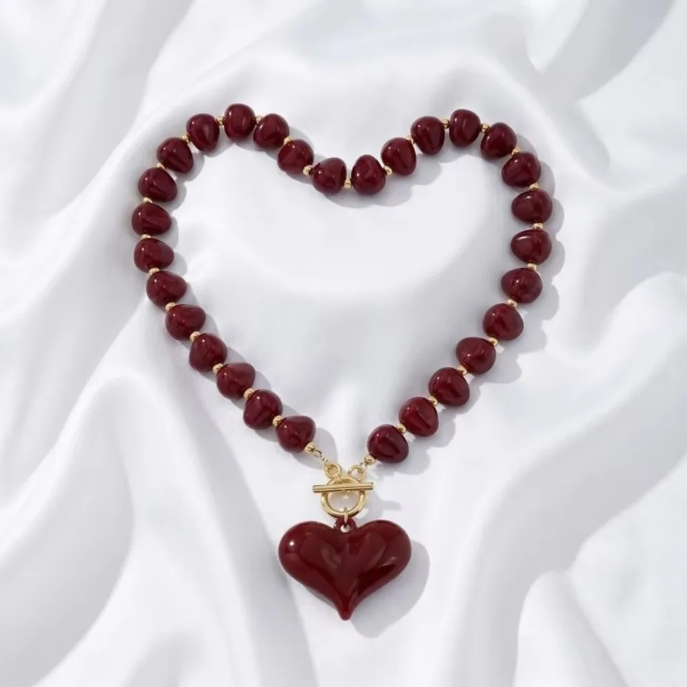 Trendy Boho Resin Beaded Green/Red/Cream Apricot Color Chic Chunky Heart Pendant Toggle Clasp Women Jewelry Gift