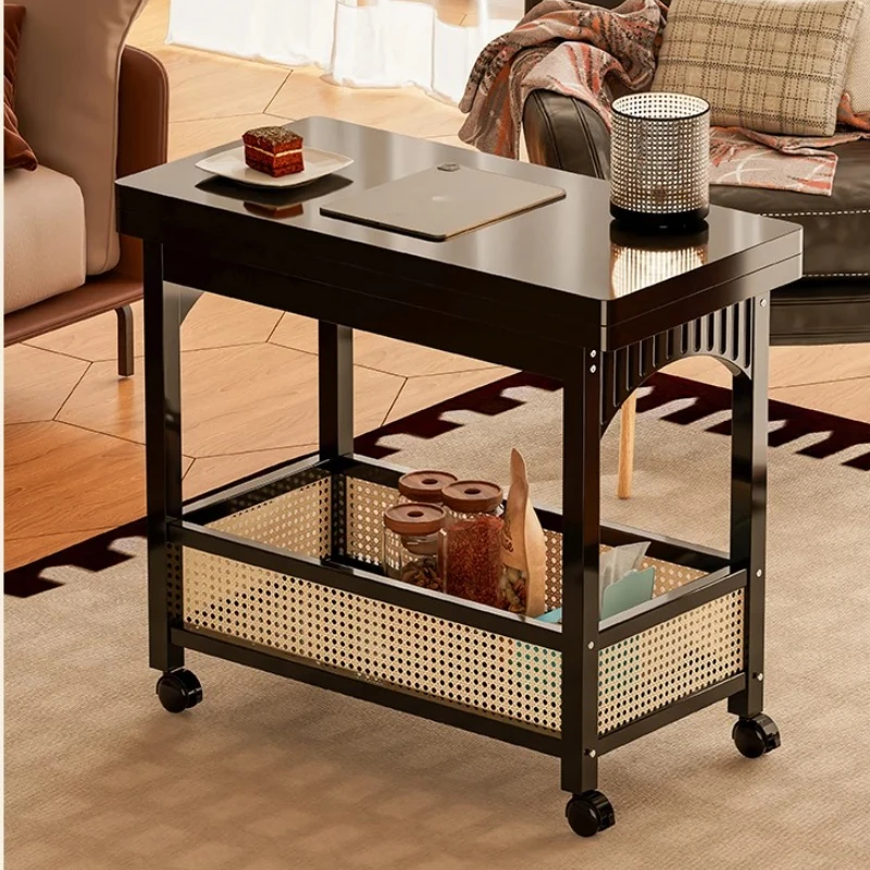 ‌Folding Wooden Side Table - Mobile Coffee Table for Living Room/Bedroom Foldable Sofa Table with Storage, Portable Nesting Cart