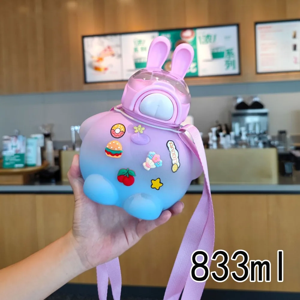 

833ML Cute Rabbit Bottle with Straw Gradient Color Big Belly Water Bottle Random Stickers PC Large-Capacity Big Belly Cup