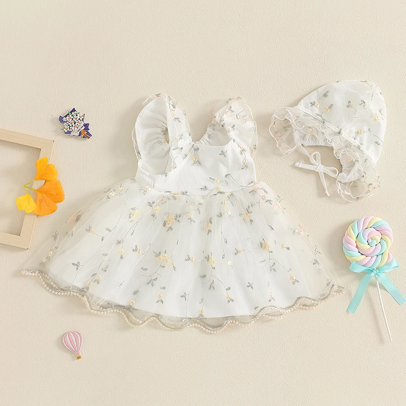 Baby Girl Dress Sets Floral Embroidery Tulle O Neck Flying Sleeve Elegant Cute Dresses with Hat image 4