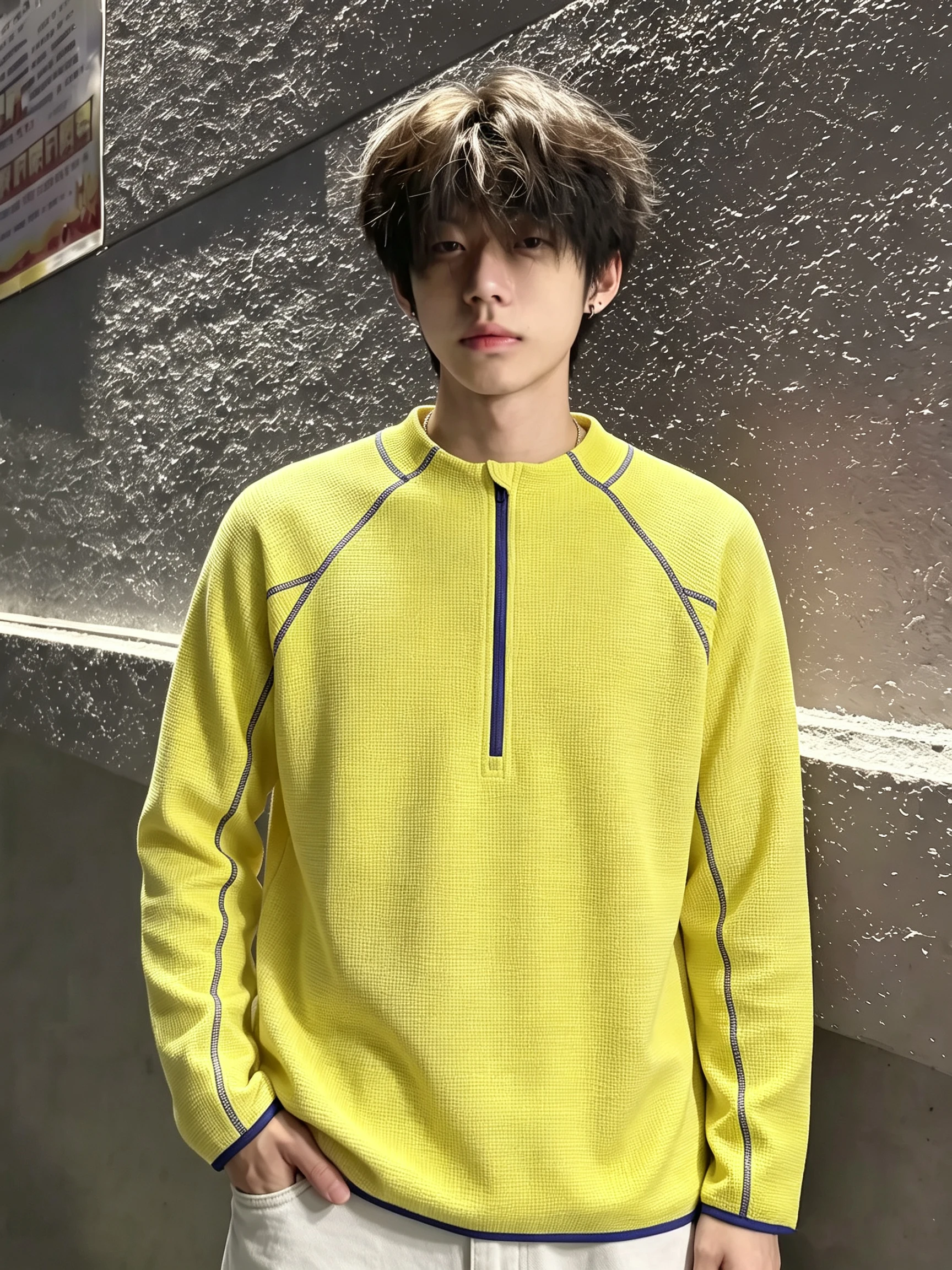Dopamine Yellow Half Zip Long Sleeve T-Shirt Men's Outdoor Sports Cycling Suit American Wafer Grid Sweatshirt Casual Loose Fit