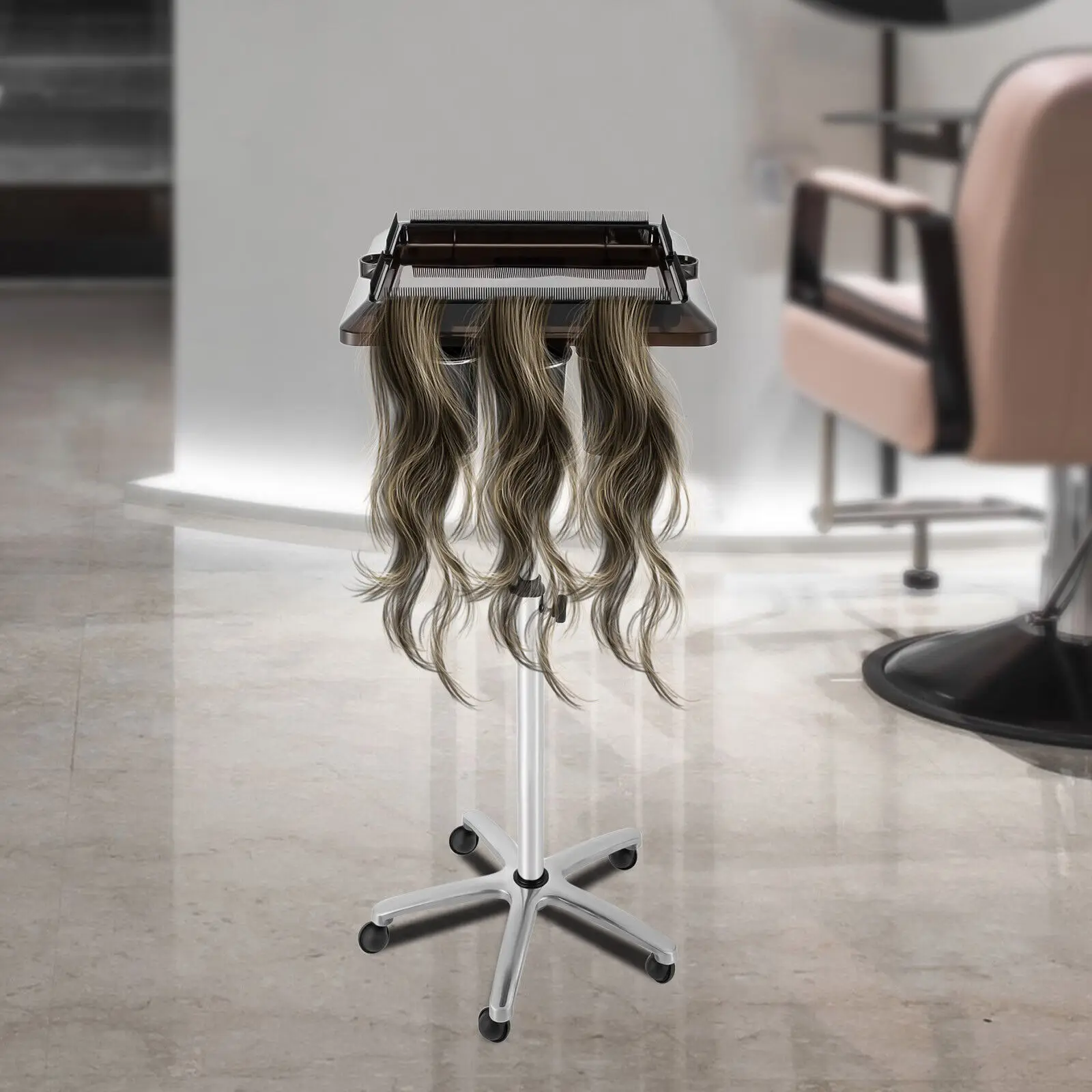 

Salon Hair Extension Holder Organizer Rolling Cart Adjustable Height 27-43 Inch Storage Tray with 5 Wheels for Beauty