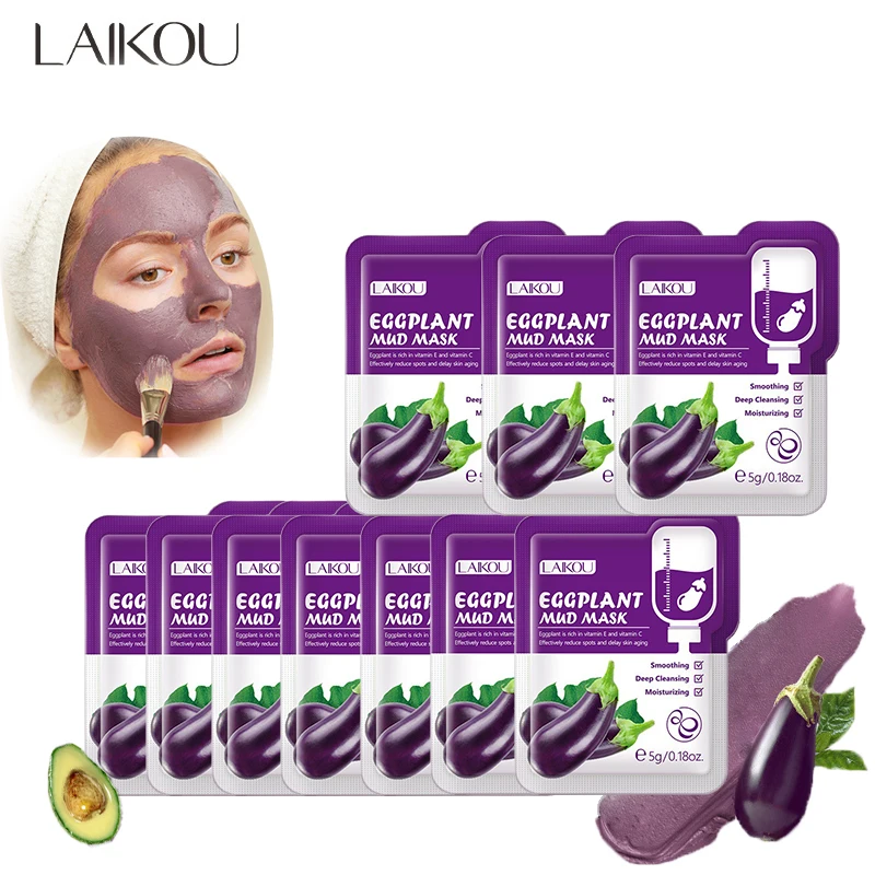 10pcs LAIKOU Eggplant Mud Mask Clay Mask Packs Moisturizing Oil Control Deep Cleansing Blackhead Remove Facial Mask Skin Care