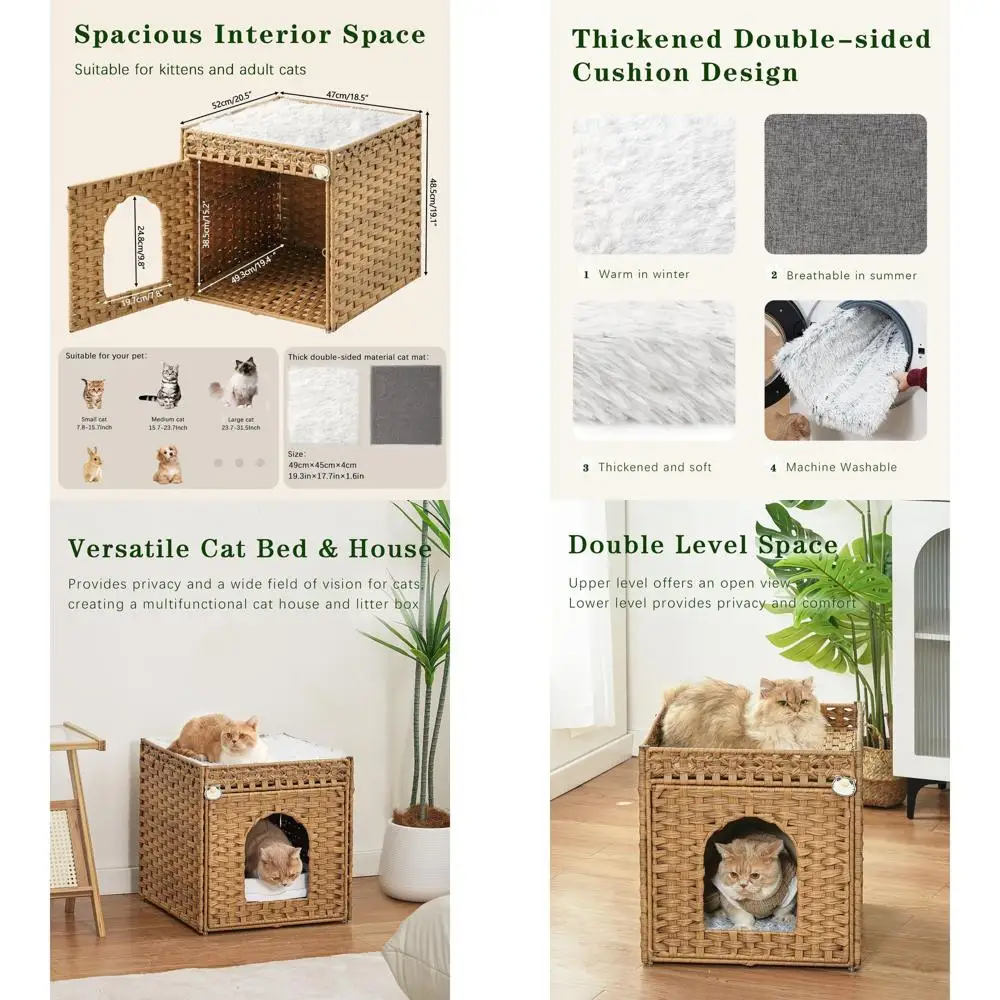 

Extra Large Foldable Rattan Cat Cave with Double Cushions, 18.5x20.5x19.1 for Indoor Cats, Natural Living Room Decor