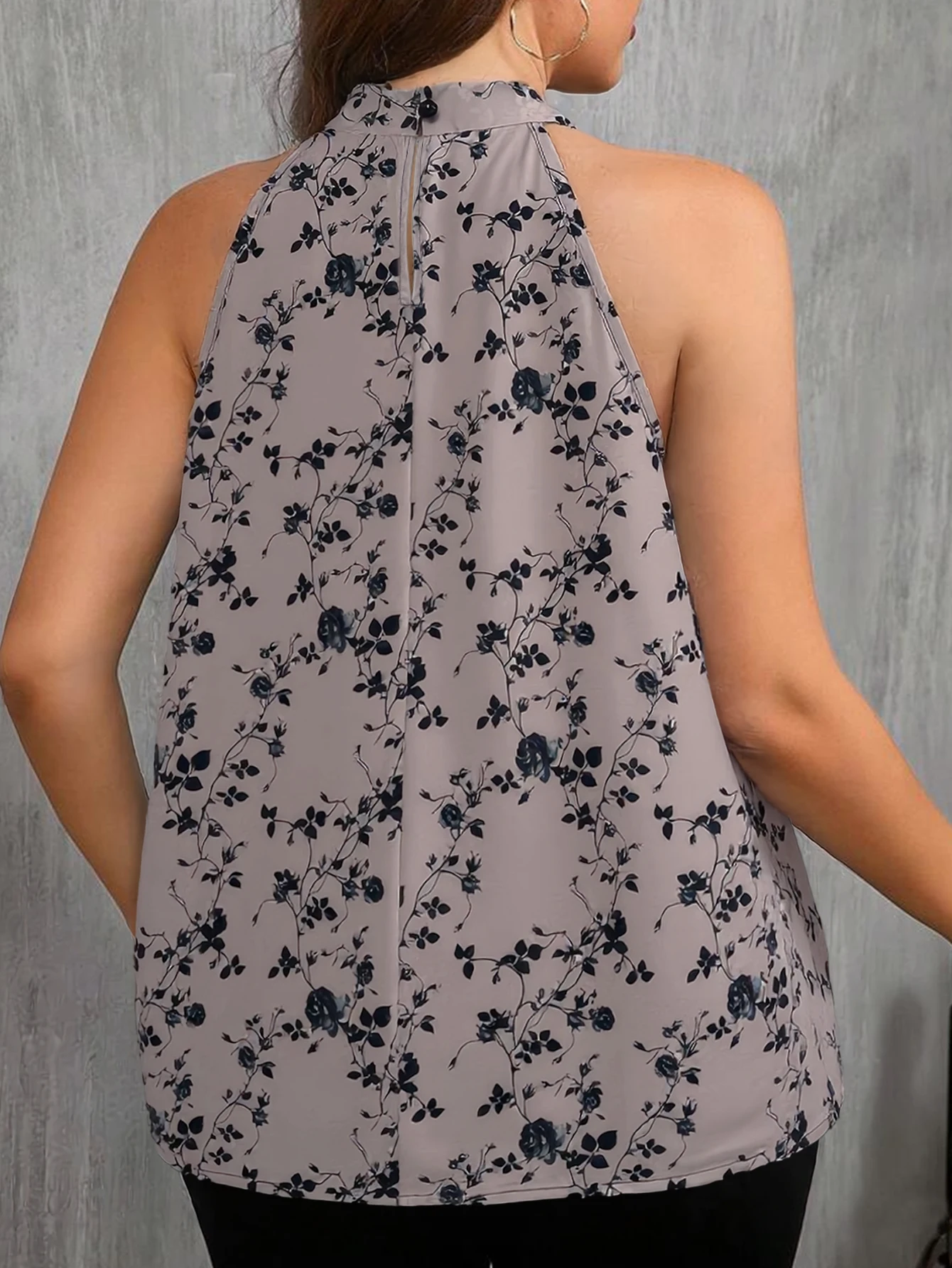 Damen Bluse mit Blumenmuster und Neckholder, Ärmellose Freizeitbluse für Kurvige Frauen, Elegantes Sommer-Büro-Alltagsshirt – Detail 3