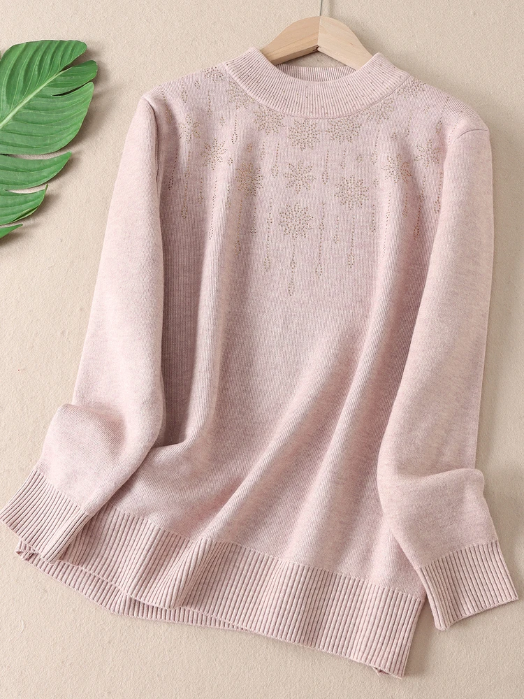 

Утепленный свитер с высоким воротником для женщин, зимний теплый вязаный топ с интегрированным дизайном и украшением в виде ромбов, прямой крой