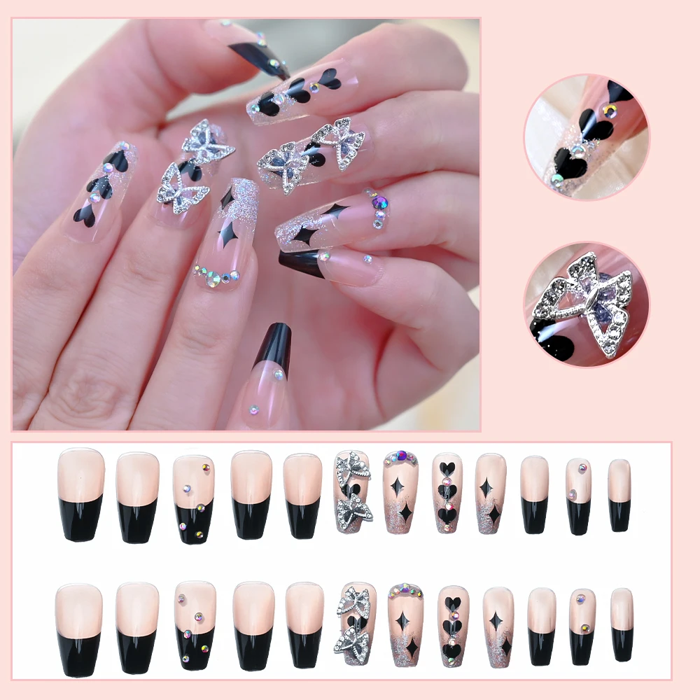 棺の形をした長い偽の爪,真珠のラインストーンが付いたピンクの弓,完全にカバーされた偽の爪,フランスのデザイン,24個