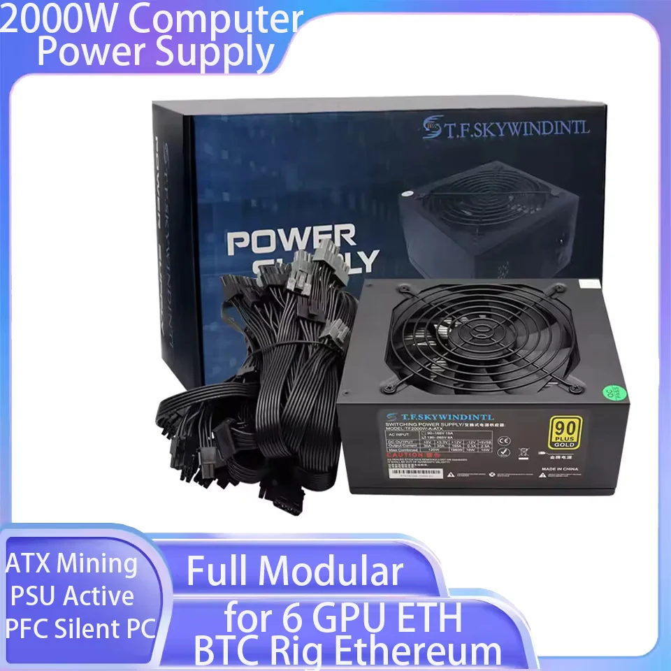 

Блок питания 2000 Вт Полный модульный блок питания для ПК ATX Блок питания для майнинга Active PFC Бесшумный ПК Компьютер или 6-GPU ETH BTC Rig Ethereum