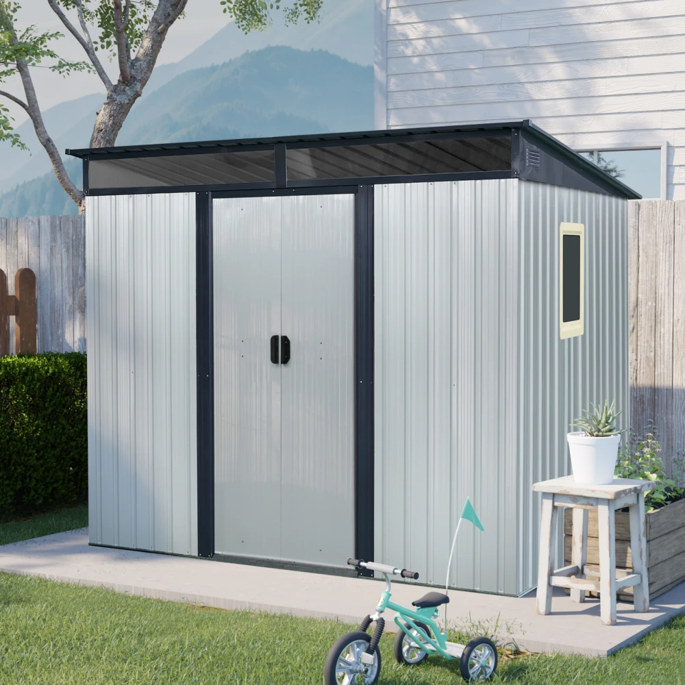 

8 ft x 6 ft Outdoor Metal Storage Shed with Window and Transparent plate for Garden, Lawn (White and Black)