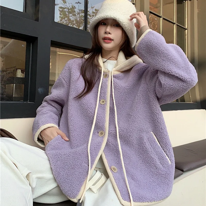 

Korean Style New Fashion Women's Color-coded Casual Trendy Singe-breasted Long Sleeve Pocket Wool Jacket Female Clothes Coats
