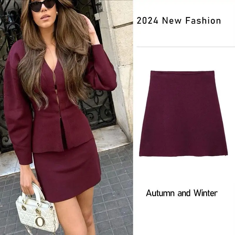 Burgundy Skirts Woman Short Autumn Solid Skinny Female A-line Short Skirt Elegant Office Lady Casual